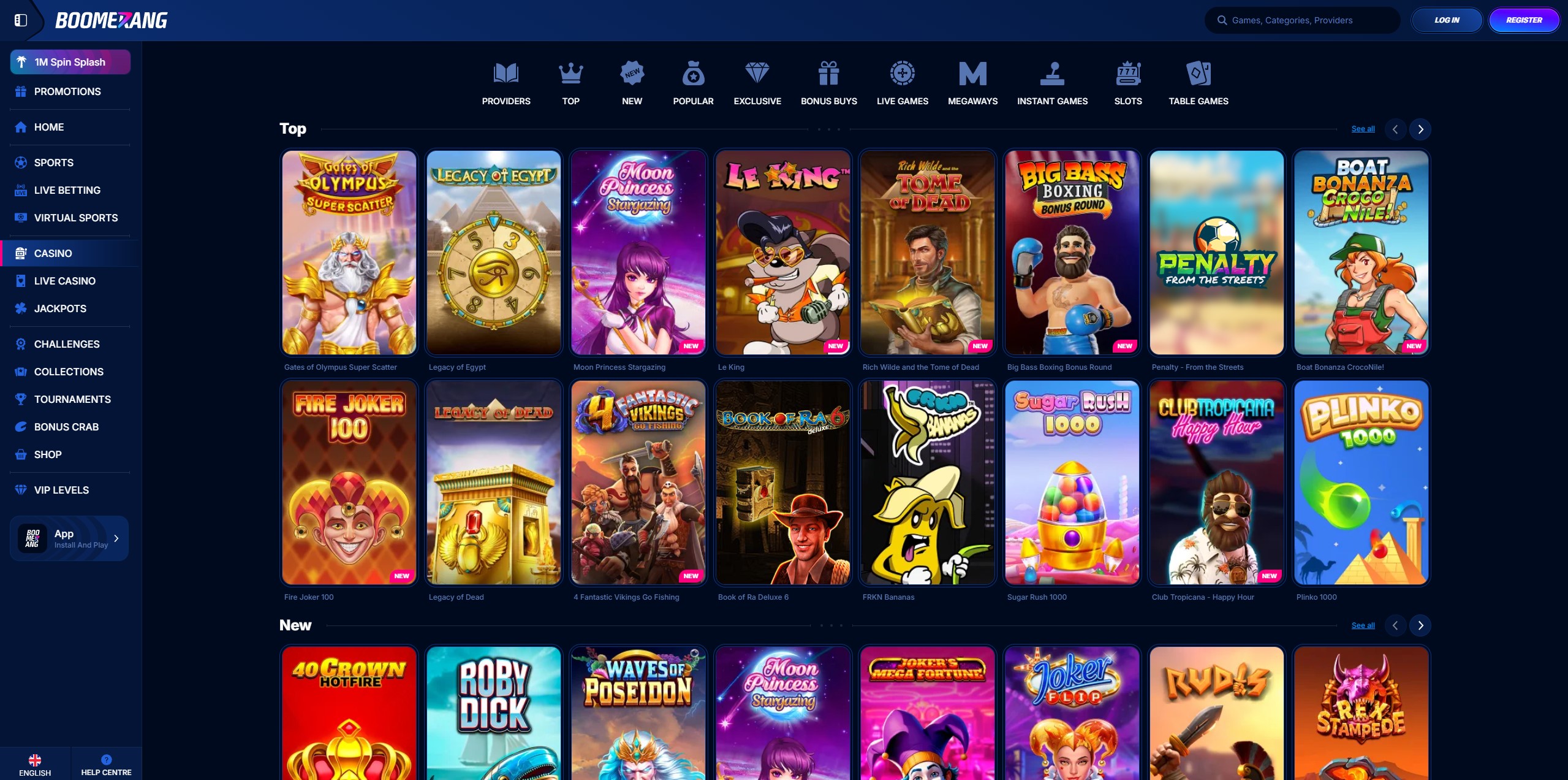 Lobby del casino di Boomerang visualizzata su un dispositivo mobile