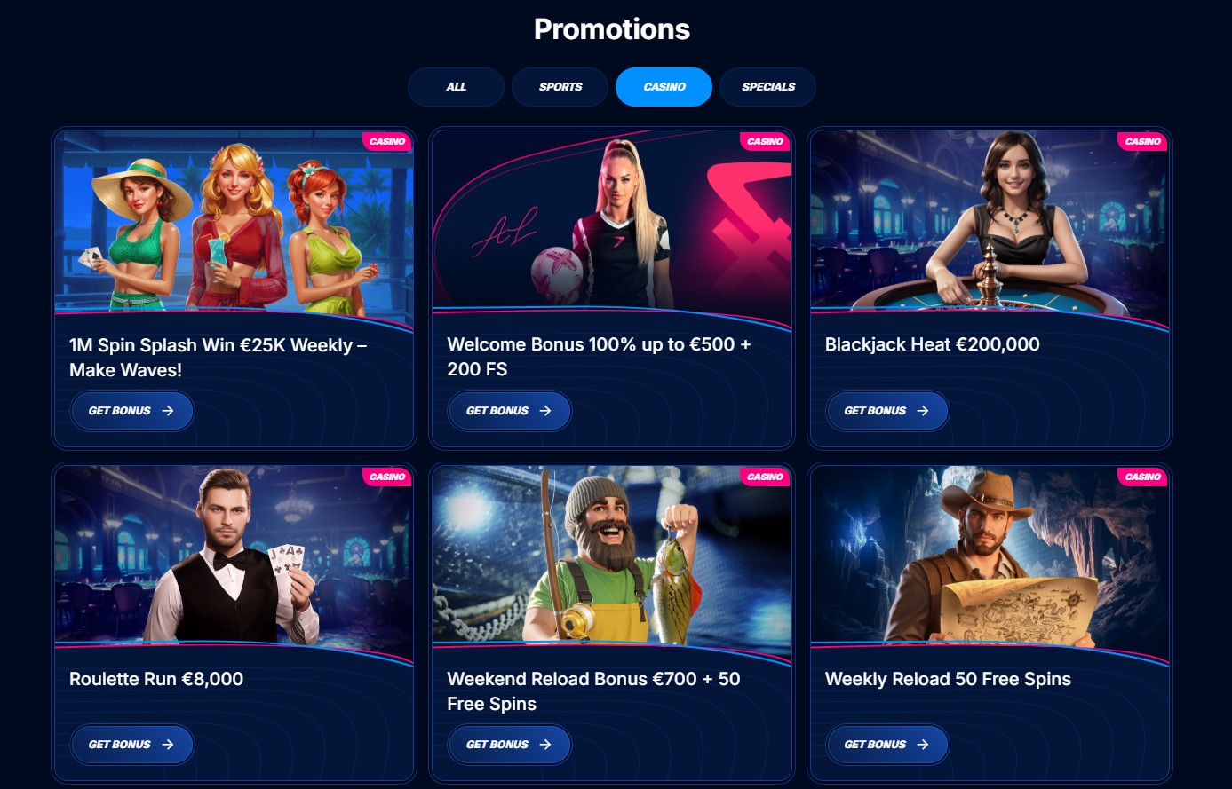 Schermata delle promozioni settimanali e cashback di Boomerang Casino